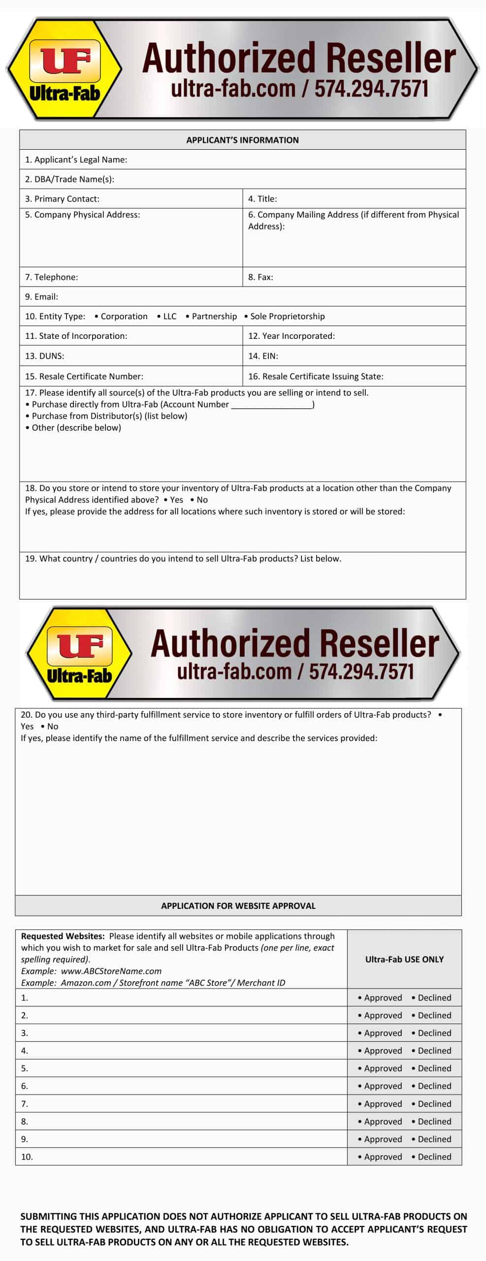 Authorized Reseller Policy UltraFab Products